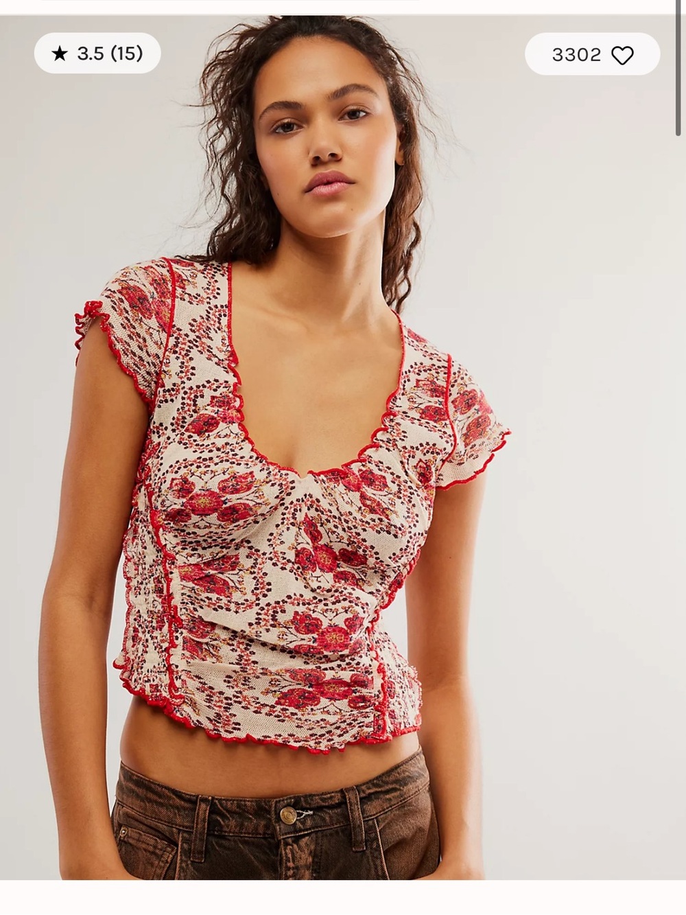 Free People Oh my Baby Crop- Red Floral Ruffled Short Sleeve Top